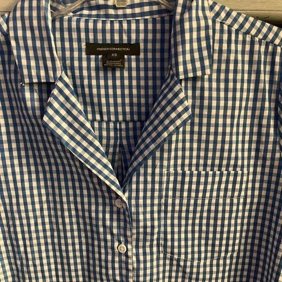 French Connection Blue & White Gingham Plaid Reta Tie Front Oversized Button Up - Picture 4 of 7